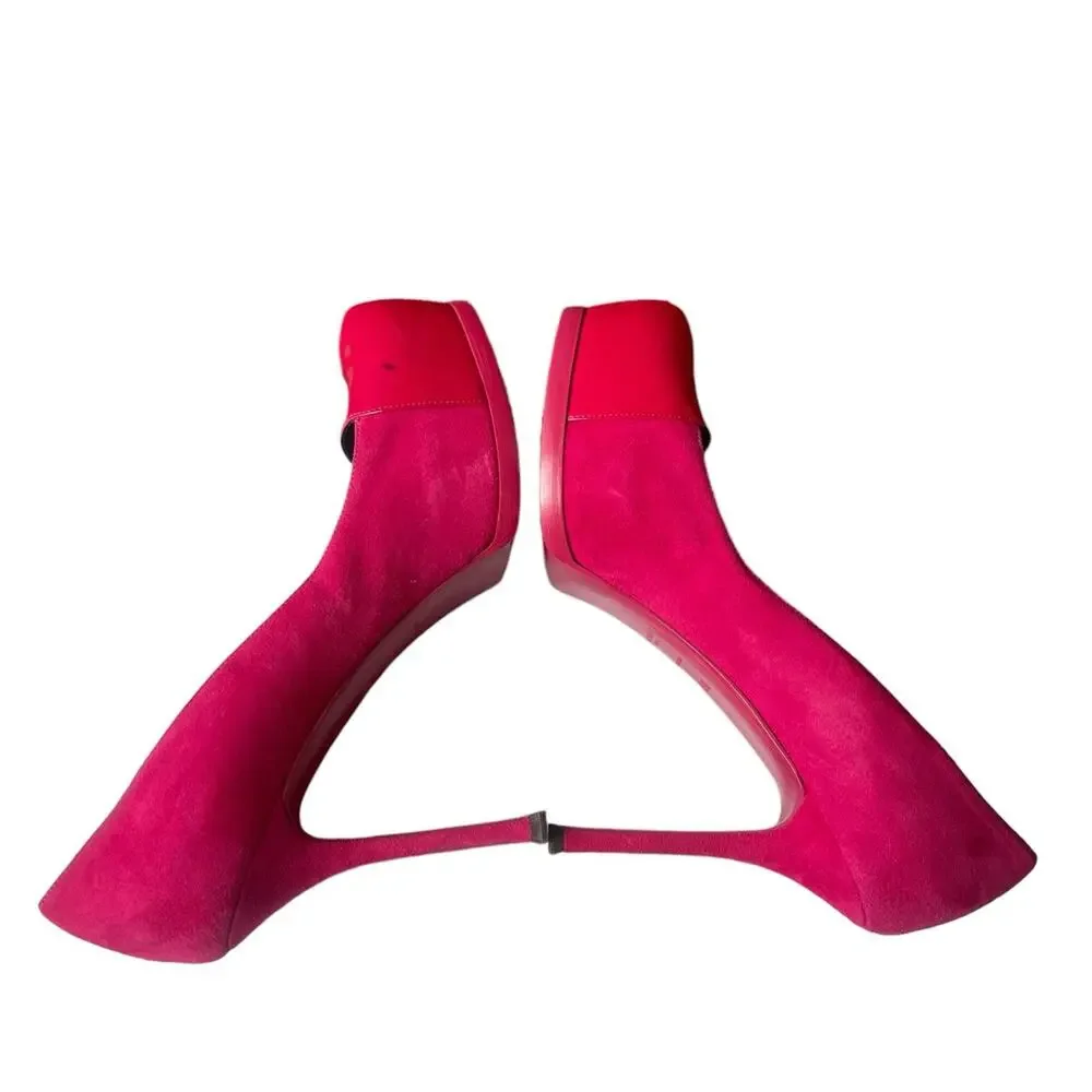 SAINT LAURENT Suede Patent Goatskin Tribute Two 80 Platform Pumps 39.5 Fuchsia - Picture 4 of 9